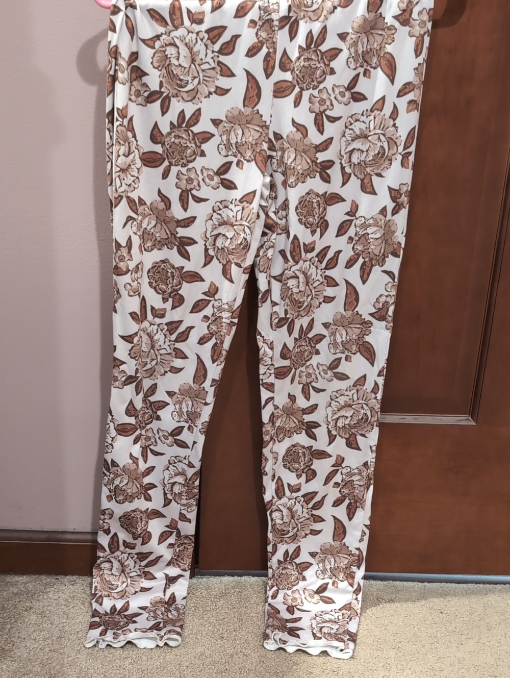 Joyfolie Mia Joy Cream and Brown Floral Trim Leggings